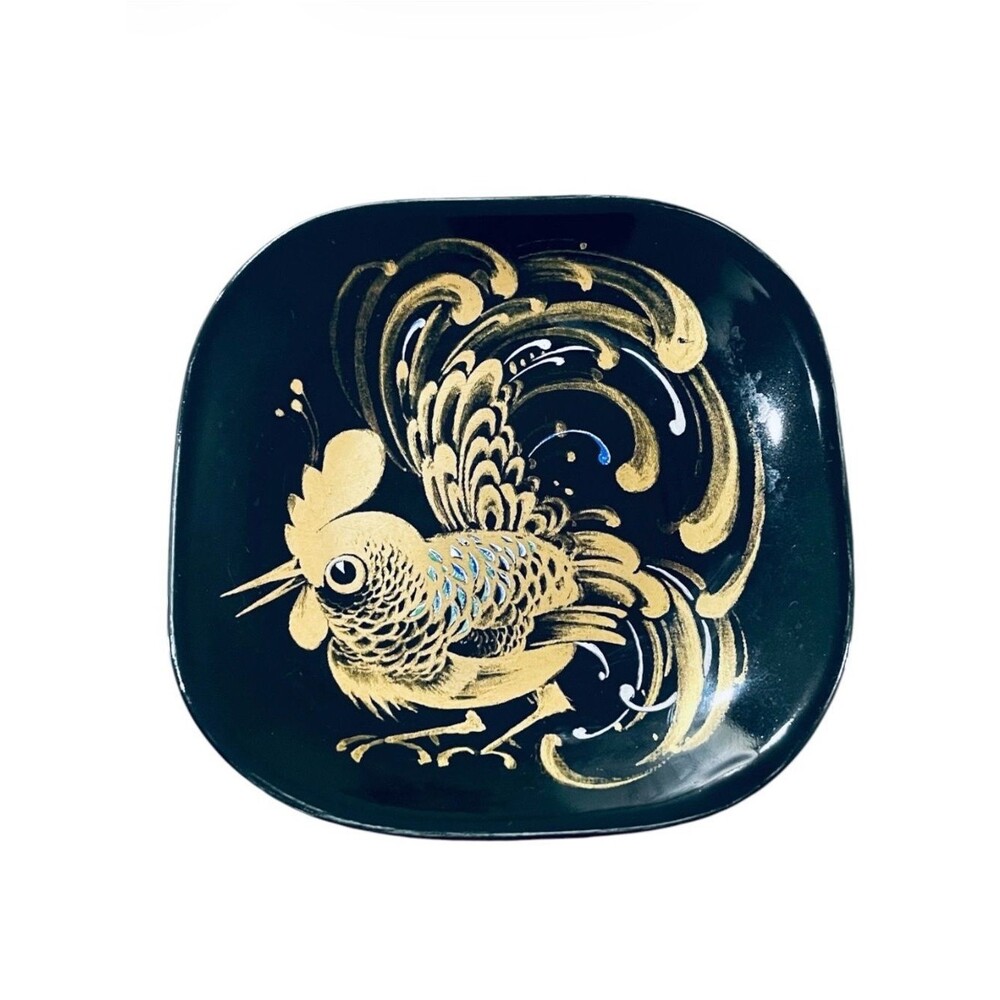 Vintage Fenton Hand-Painted Rooster Decorative Plate Trinket Dish Black & Gold